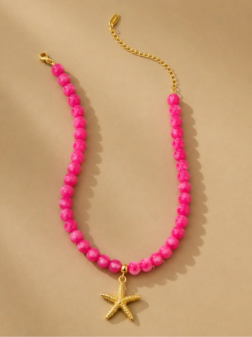Pink Beaded Necklace with Gold Starfish Pendant